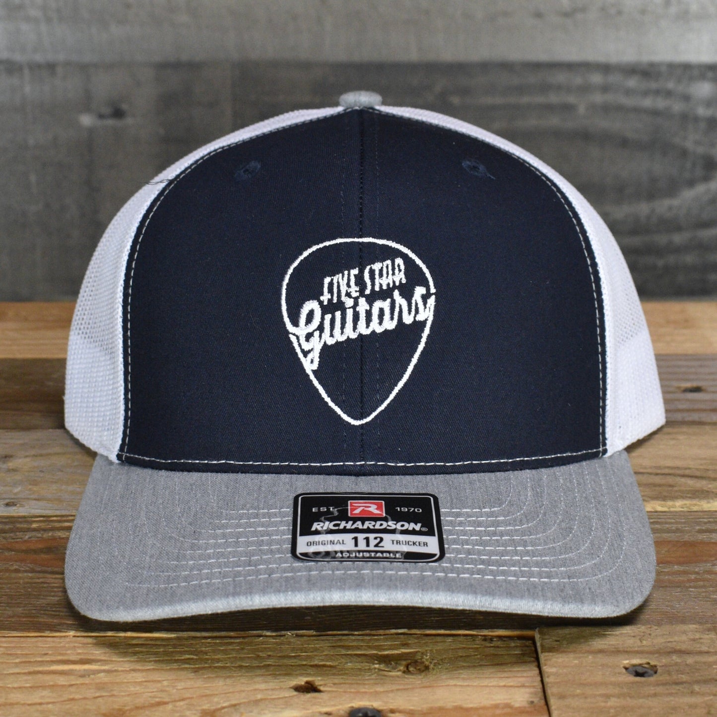 Five Star Guitars Snapback Trucker Cap -  Navy/White/Heather Grey with White Pick Logo