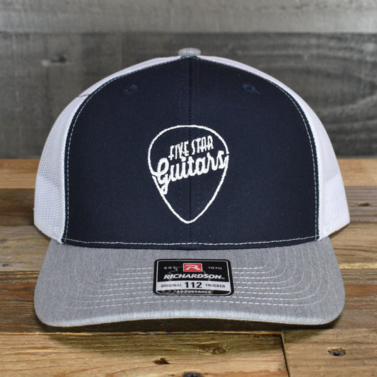 Five Star Guitars Snapback Trucker Cap -  Navy/White/Heather Grey with White Pick Logo
