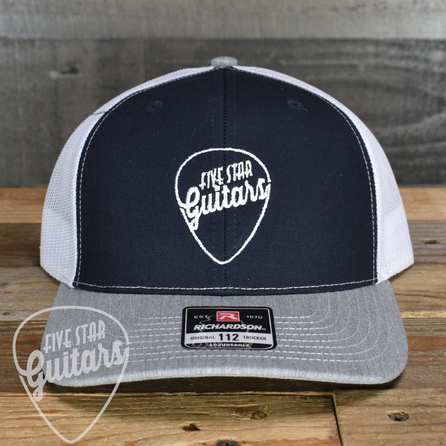 Five Star Guitars Snapback Trucker Cap -  Navy/White/Heather Grey with White Pick Logo