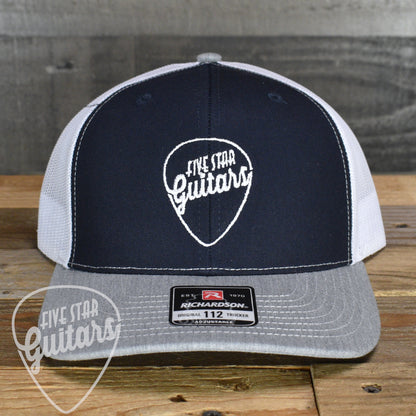 Five Star Guitars Snapback Trucker Cap -  Navy/White/Heather Grey with White Pick Logo