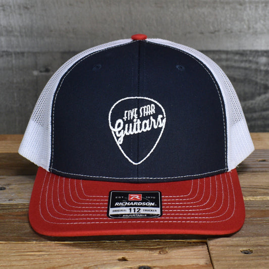 Five Star Guitars Snapback Trucker Cap -  Navy/ White/ Red with White Pick Logo