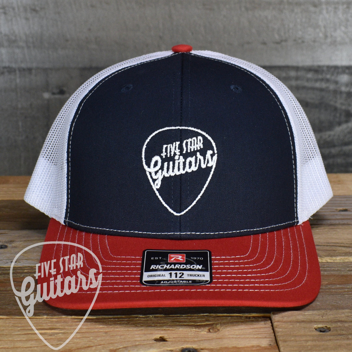 Five Star Guitars Snapback Trucker Cap -  Navy/ White/ Red with White Pick Logo