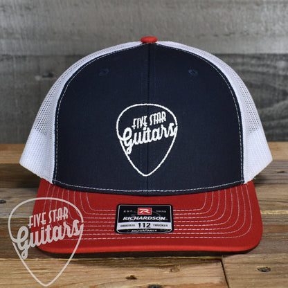 Five Star Guitars Snapback Trucker Cap -  Navy/ White/ Red with White Pick Logo