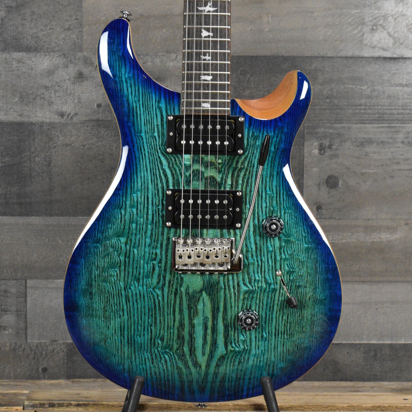 PRS SE "Exotic"  Custom 24 Swamp Ash Burl LN - Lake Blue Natural Back with Gig Bag