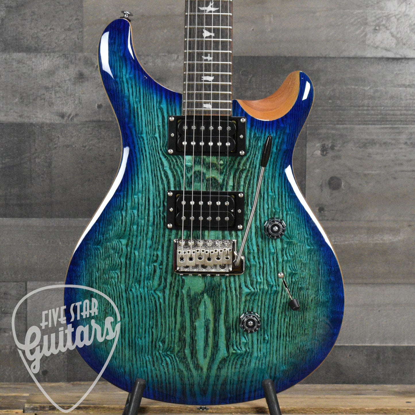 PRS SE "Exotic"  Custom 24 Swamp Ash Burl LN - Lake Blue Natural Back with Gig Bag