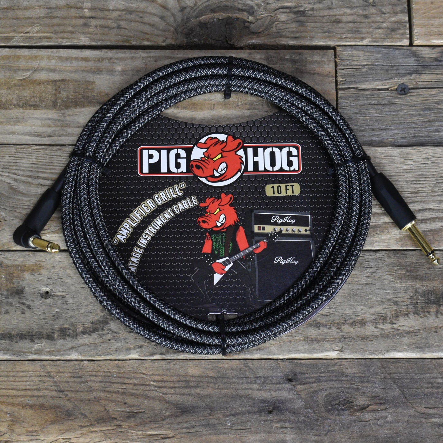 Pig Hog 1/4 inch Right Angle to 1/4 inch Straight Instrument Cable -10ft - Amplifier Grill