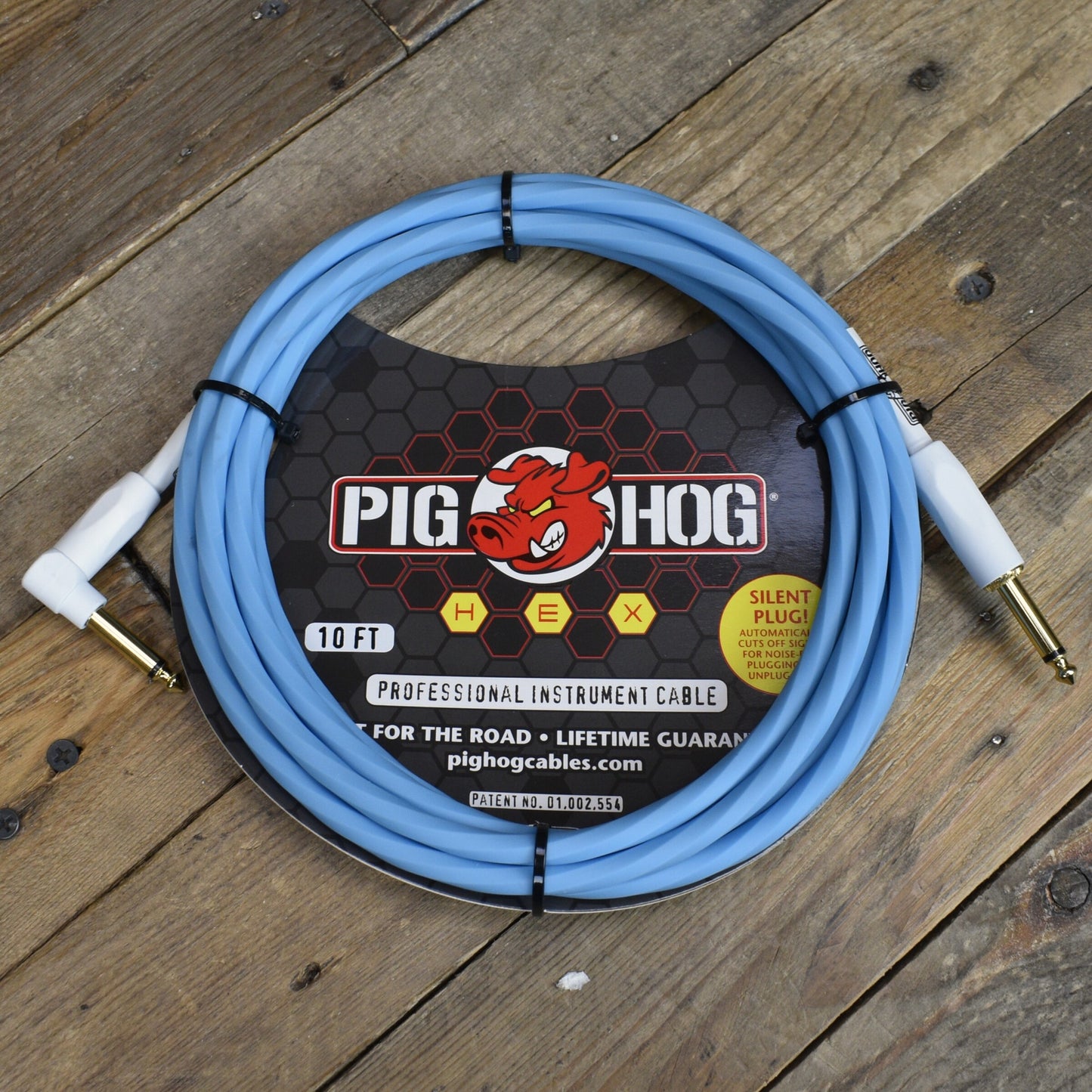 Pig Hog Hex Series Silent Cable 10 ft Daphne Blue Right Angle