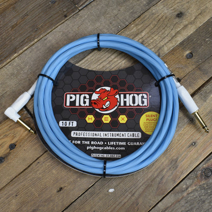 Pig Hog Hex Series Silent Cable 10 ft Daphne Blue Right Angle