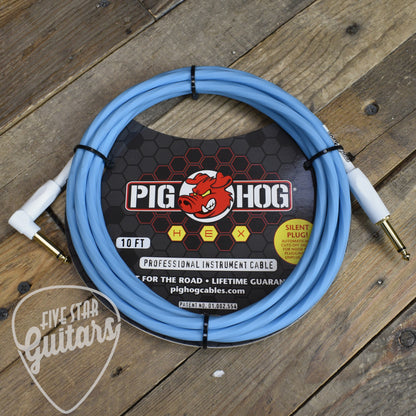 Pig Hog Hex Series Silent Cable 10 ft Daphne Blue Right Angle