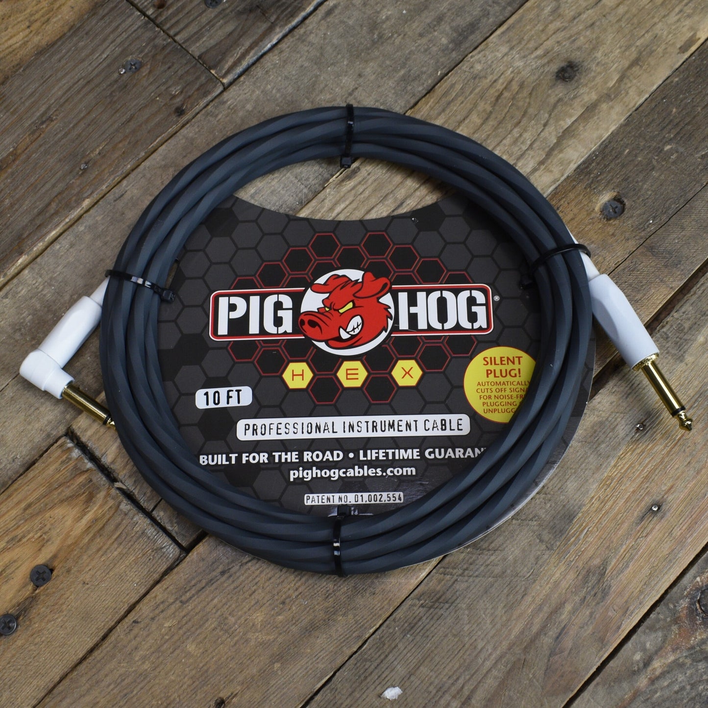 Pig Hog Hex Series Silent Cable 10 ft Grey, Right Angle