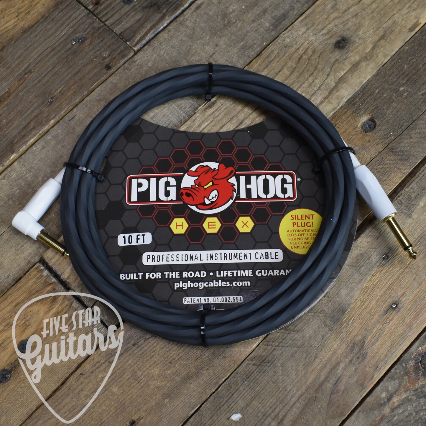 Pig Hog Hex Series Silent Cable 10 ft Grey, Right Angle
