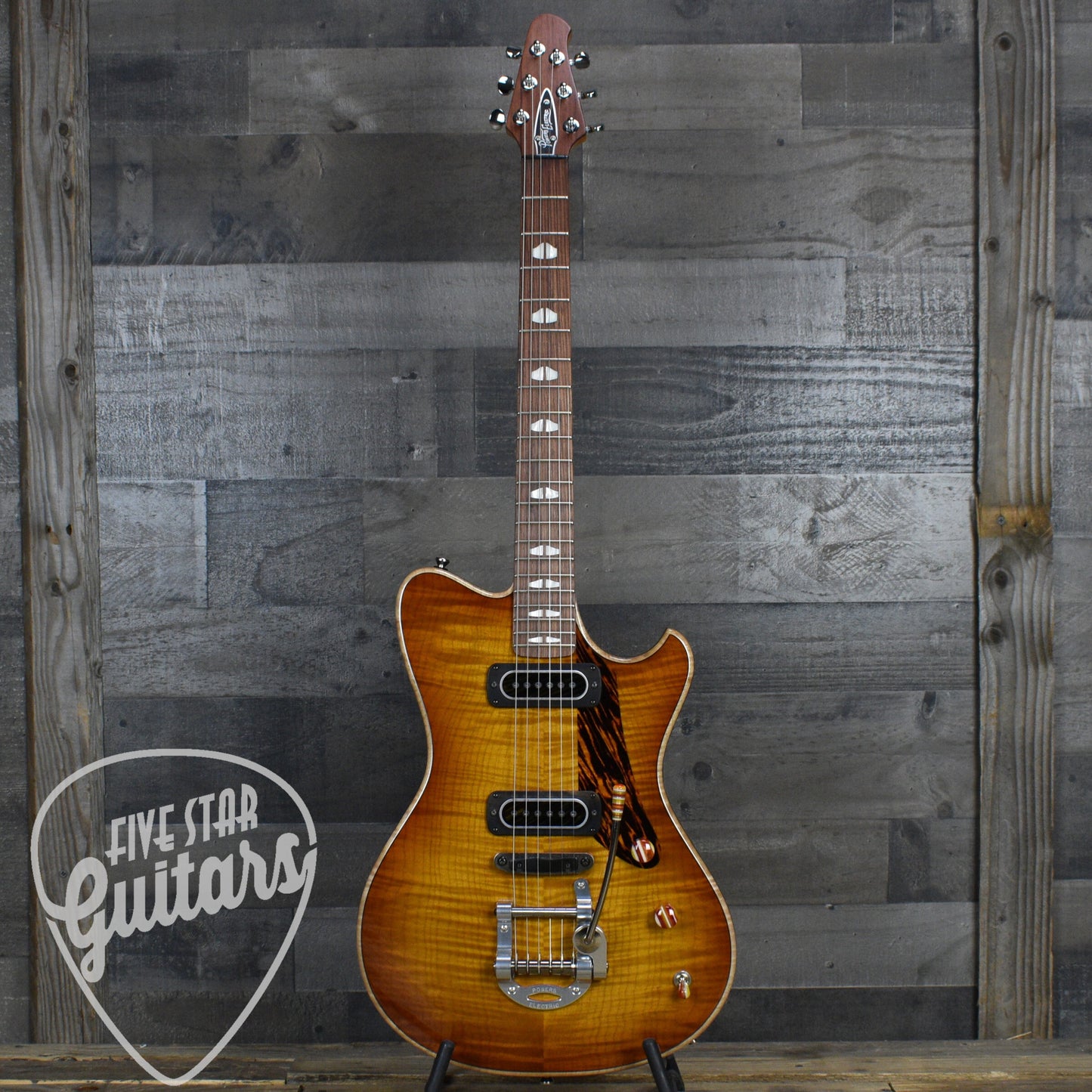 Powers Electric A Type Select Flame Maple Top PF42 - Sweet Tea Orange with Powers Electric Gigbag