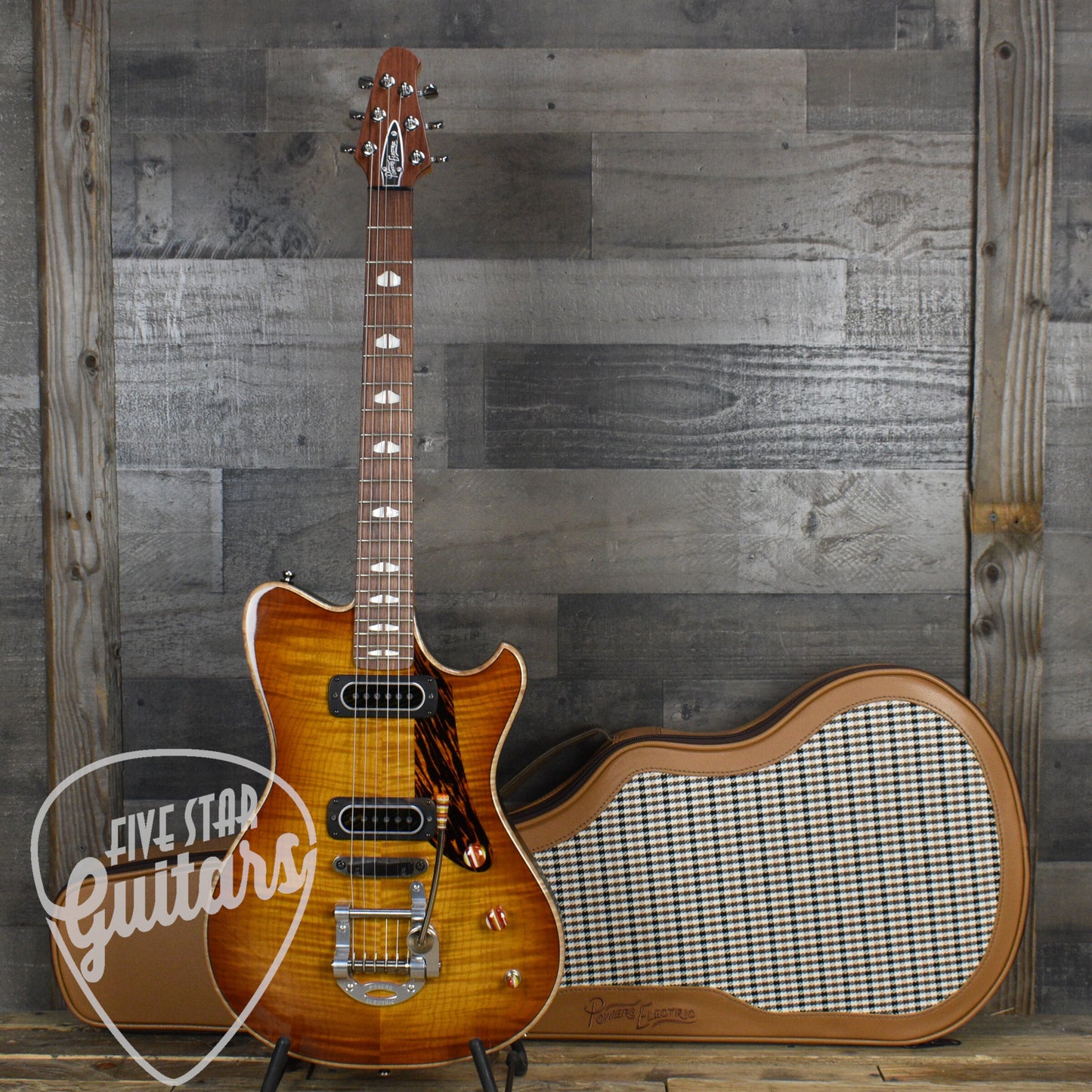 Powers Electric A Type Select Flame Maple Top PF42 - Sweet Tea Orange with Powers Electric Gigbag