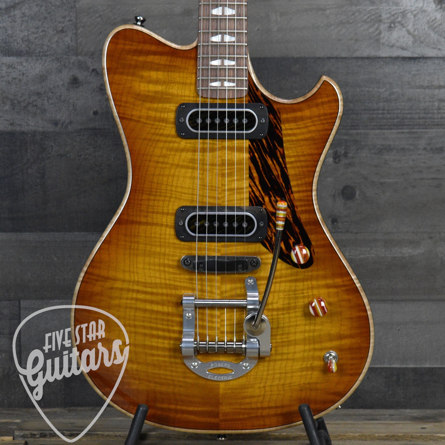 Powers Electric A Type Select Flame Maple Top PF42 - Sweet Tea Orange with Powers Electric Gigbag