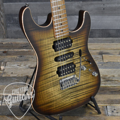 Tom Anderson Drop Top - Satin Natural Mocha Burst with Binding, Transparent Brown Back and Hard Shell Case