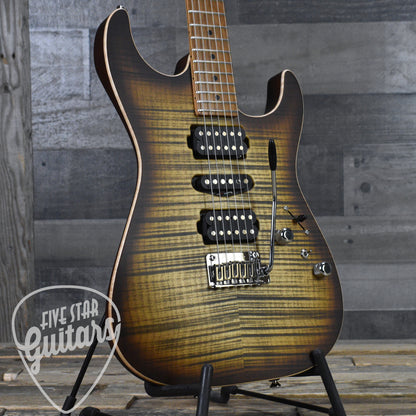 Tom Anderson Drop Top - Satin Natural Mocha Burst with Binding, Transparent Brown Back and Hard Shell Case