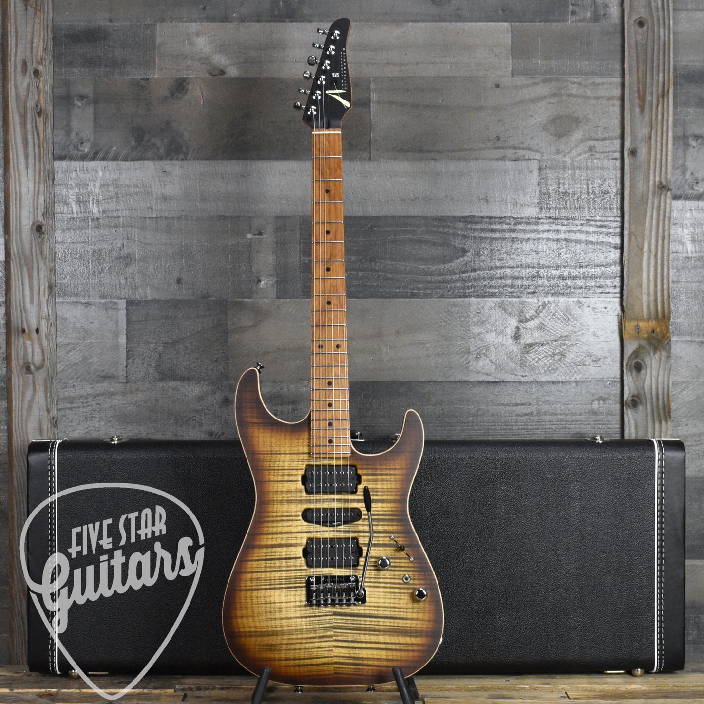 Tom Anderson Drop Top - Satin Natural Mocha Burst with Binding, Transparent Brown Back and Hard Shell Case
