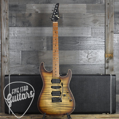 Tom Anderson Drop Top - Satin Natural Mocha Burst with Binding, Transparent Brown Back and Hard Shell Case