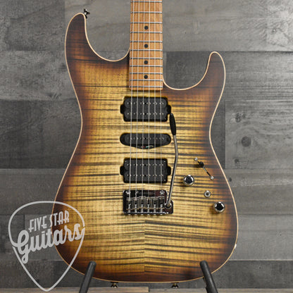 Tom Anderson Drop Top - Satin Natural Mocha Burst with Binding, Transparent Brown Back and Hard Shell Case